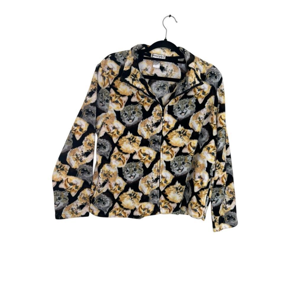 Cat Fleece Zip Up Jacket Bonnie Evans All Over Kitty Cat Lady VTG Women’s Sz PXL